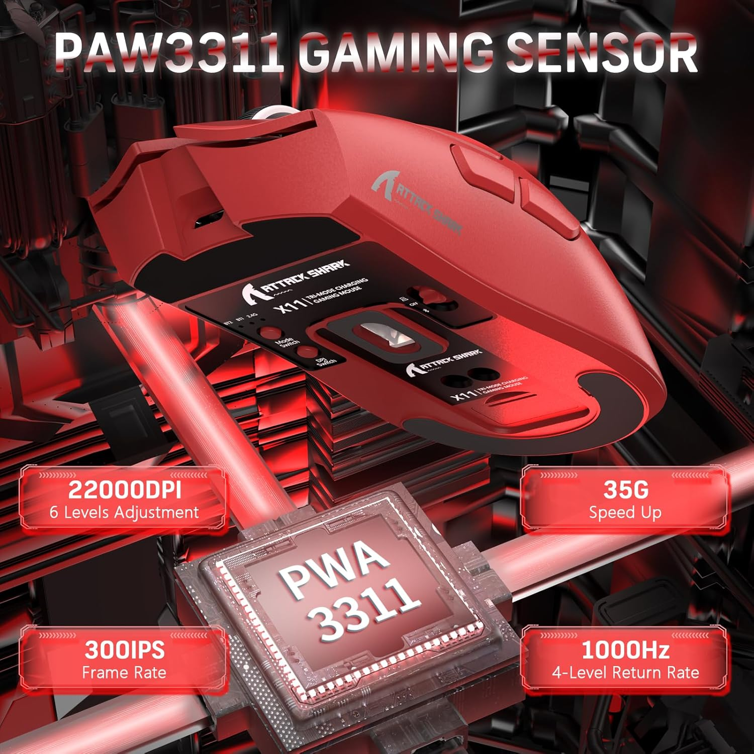 Lexonelec X ATTACK SHARK X11 Wireless Gaming Mouse with RGB Magnetic Charging Dock, Pixart PAW3311 Sensor, Lightweight 59G Tri-Mode Gaming Mouse, Wired/2.4G/Bt, up to 22K DPI for Pc/Mac-Red - Red image number 4