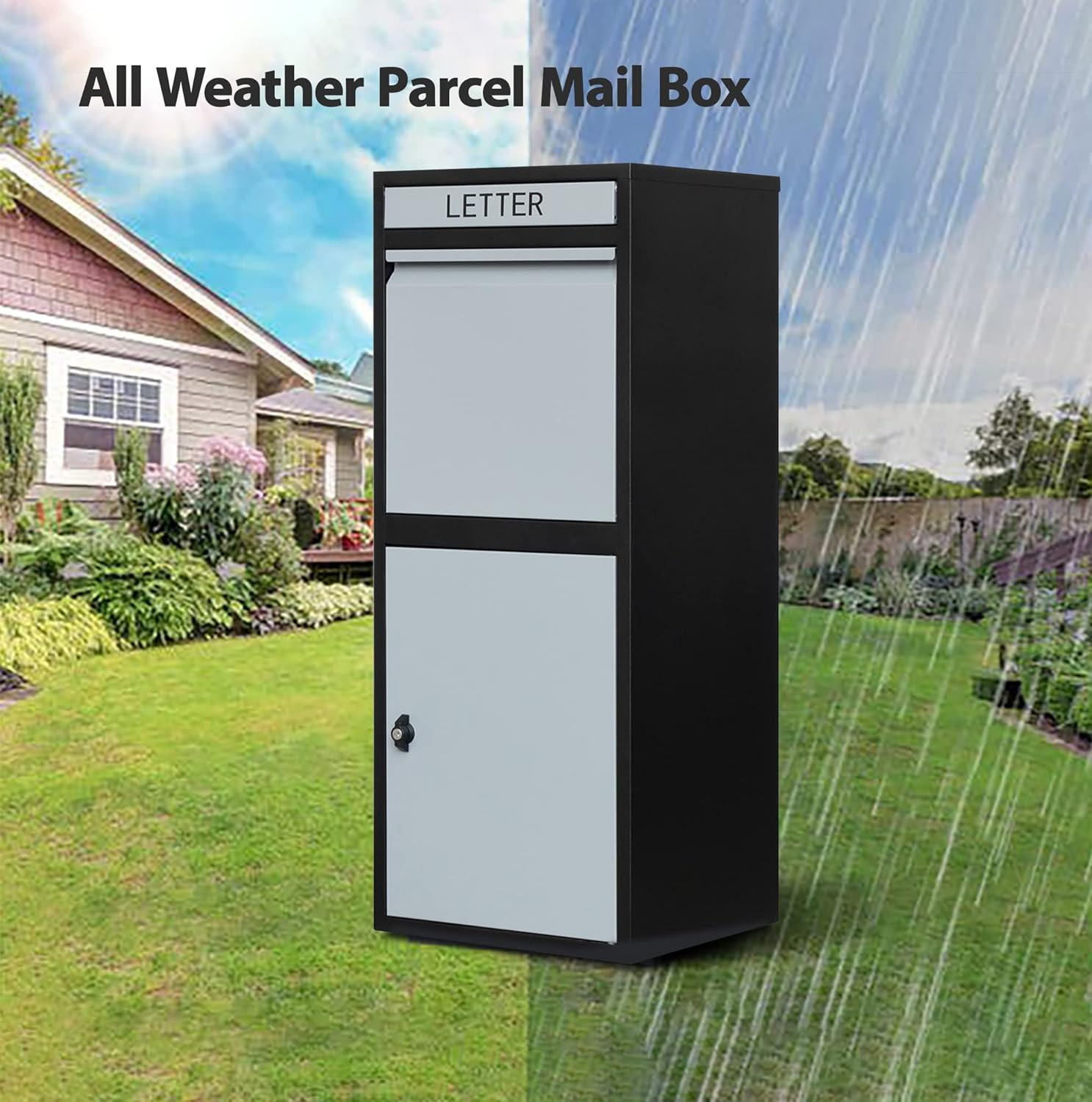 Glasshaus Steel Post Parcel Box Package Delivery Mail Box Locking Safe Drop Letterbox Storage (Grey and Black) - Grey And Black image number 4