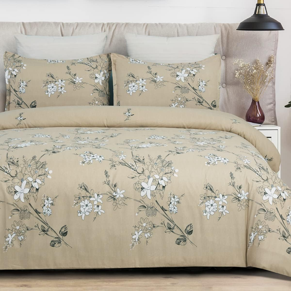 YEPINS Soft Brushed Microfiber Duvet Cover Set with Zipper Closure and Corner Ties, Blossom/Branch Floral Printed Pattern, Camel Color-King Size(104X90 Inches)