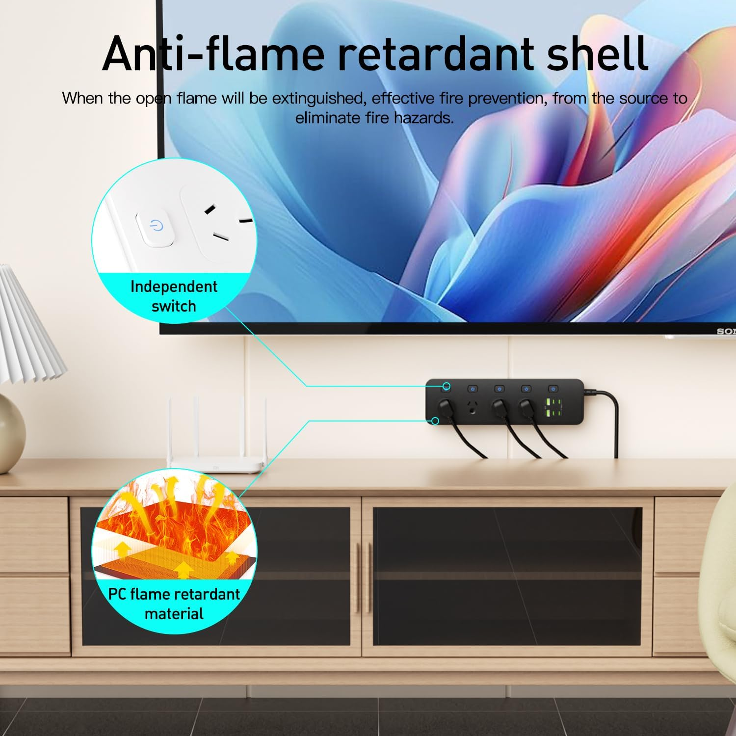 Power Board 3250W with Individual Switch,10-In-1 Power Strip with 4 AC Outlets, 6USB Ports(4 USB C) Surge Protector Powerboard, 2.9M Extension Cord Power Strip,Wall Mount for Home Office (Black) - Black image number 3