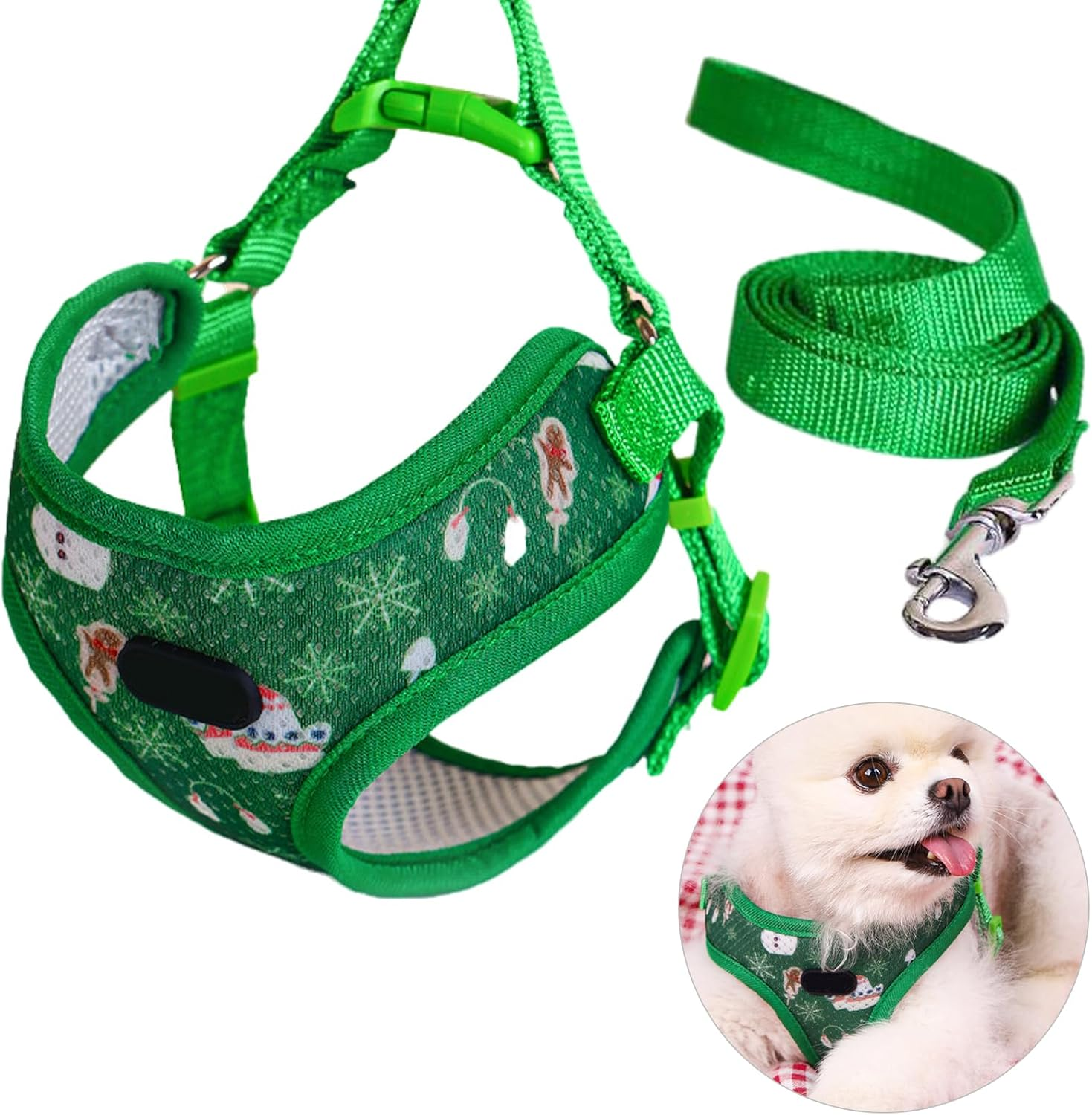 Christmas Pet Harness and Leash Set, Soft Breathable Mesh Puppy Harness with Leash for Walking, Training, Cute Reflective Step in Dog Harness for Small Medium Dogs Cats, Not Easy to Break Free (Green) image number 2
