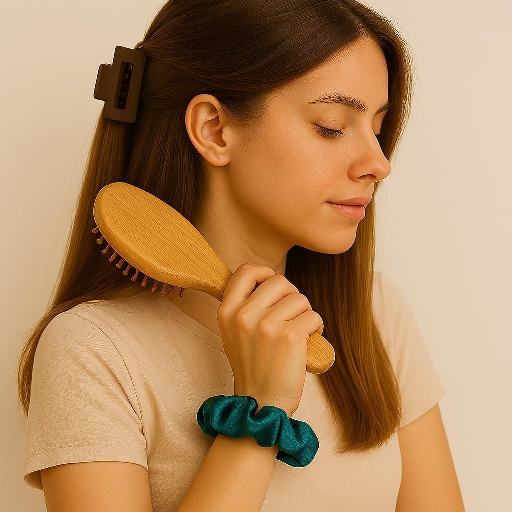 Hair Styling Set Bamboo Brushes 2 Clips 8 Silk Scrunchies in Assorted Colours image number 5