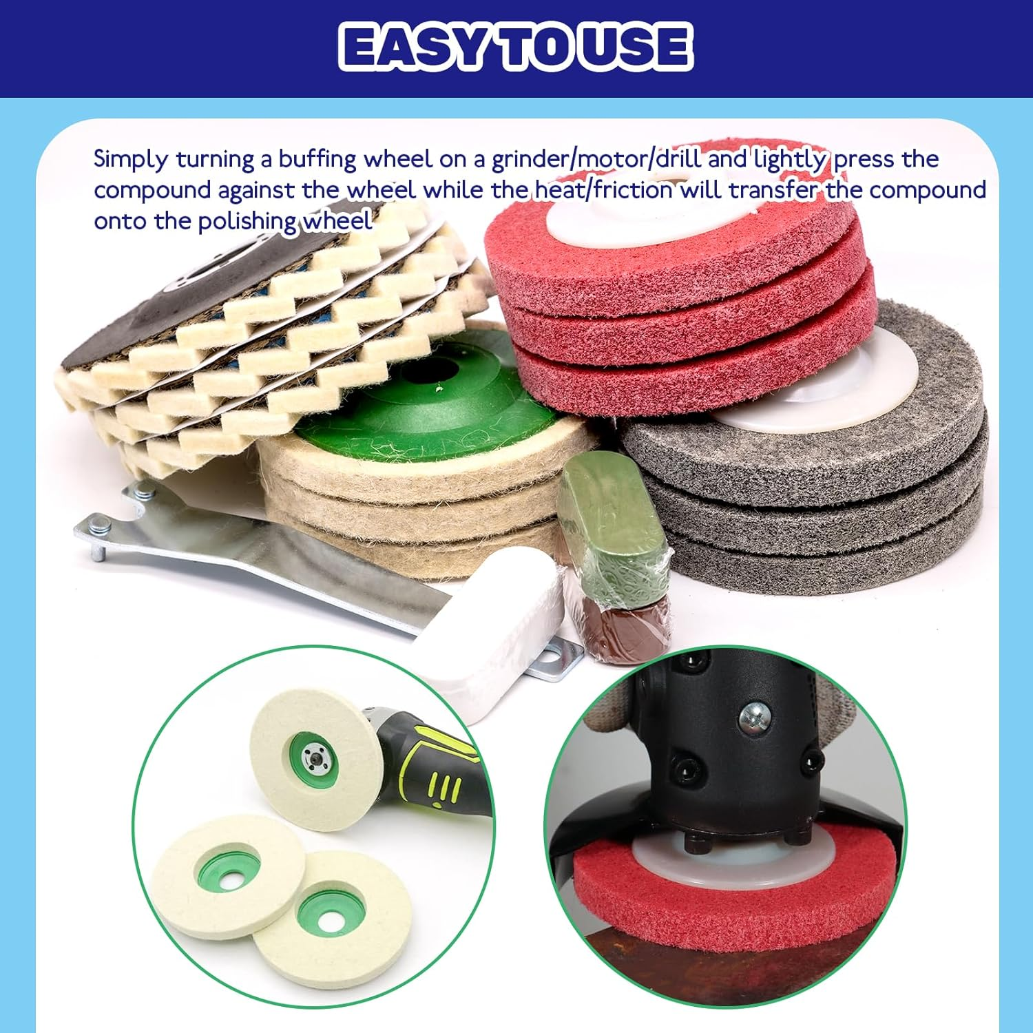 Waltool 16Pcs Assorted Buffer Wheel Set Contains 4-1/2 X 7/8 Inch Arbor Wool Felt Flap Disc, 4'' Wool Felt and Nylon Fiber Disc with 3 Polishing Compound & Metal Wrench for Angle Grinder image number 5