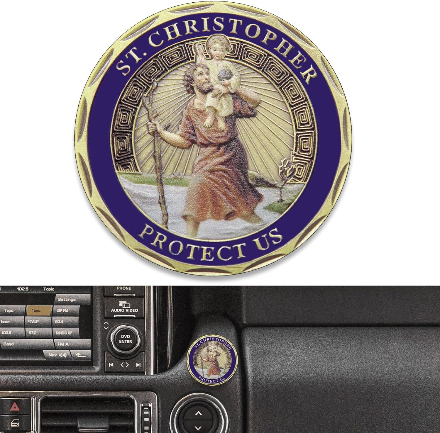 Saint Christopher Car Badges Diameter 4 Cm Saint Christopher Medal Protect Us Come Good Home Gift with 1 Magnet Iron Piece and 3 Double-Sided Adhesive Stickers (Colourful) image number 1