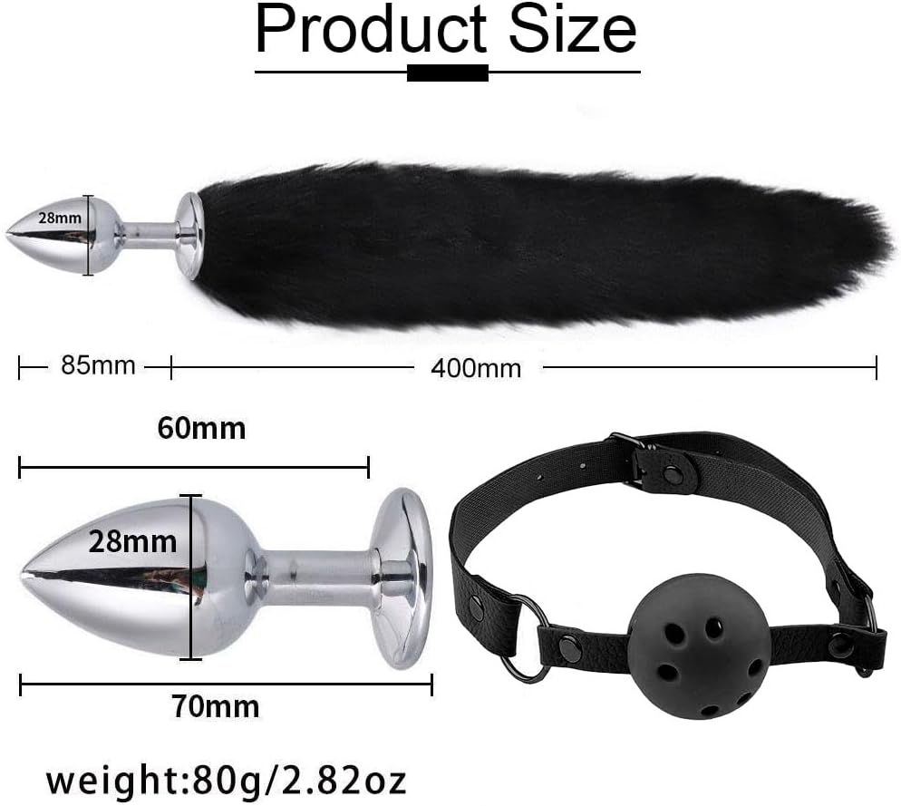 6Pcs Anal Plug Tail, Furry Fox Tail Plug Animal Ear Headband Collar Chest Clip Ball, Anal Plug Role-Playing Costume Set, Sex Toy (Black) image number 4