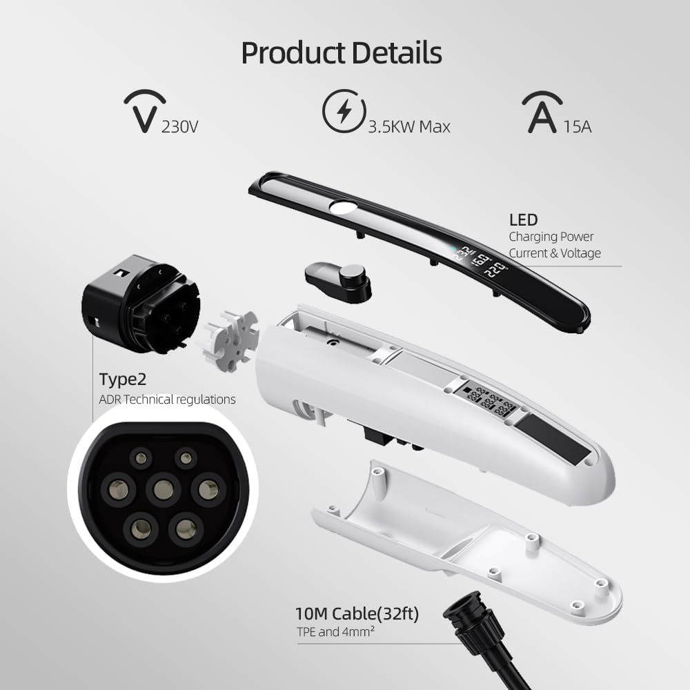VINLEN Type 2 EV Charger - 3.5KW, 10M Cable, Adjustable Current (10A-15A), Compatible with Australian 10A & 15A Power Socket (Adapter Included), Compatible with Tesla, BYD, MG, Kia, Polestar & More
