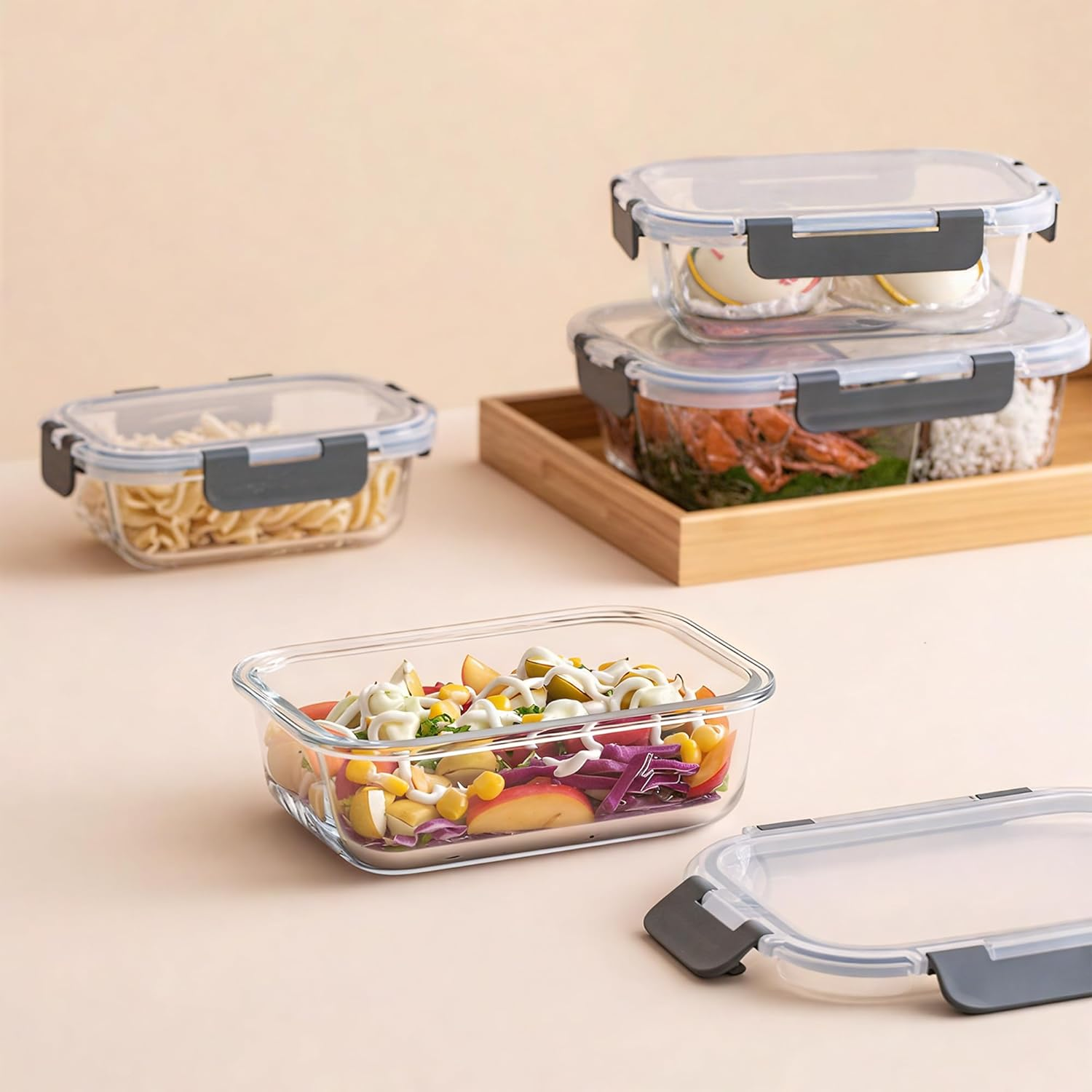 LIKHOPER Glass Food Storage Containers Set of 10 &ndash; 5 Small (370Ml) + 5 Large (1040Ml) Square Meal Prep Boxes with Lids, Leakproof Design for Lunch, Fridge, and Kitchen Storage image number 5