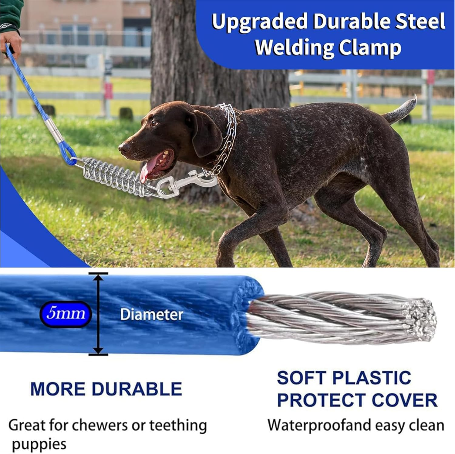 FUNNTY 300Cm Dog Tie Out Cable,Dog Leads for Yard Chew Proof Dog Runner Cable with Swivel Hook and Shock Spring,300Cm Camping and Training Leash for Small to Medium Pets up to 165 Lbs(3M-165Lbs） image number 3