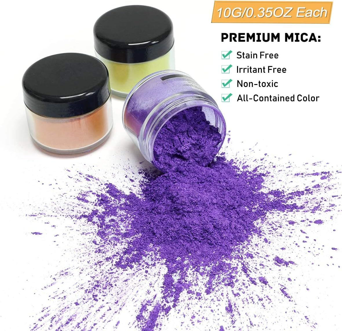 SEISSO Mica Powder 24 Colors X 10G Each Pack, Premium Pigmented Powder for Epoxy Resin, Soap Making, Candle Making, Lip Gloss, Bath Bomb, Acrylic Paints image number 3