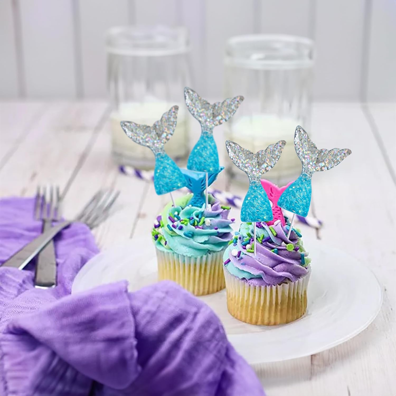Ephlyn 24Pcs Acrylic Mermaid Tails Cupcake Toppers Mini Wrappers Mermaid Tail Figurines Cake Decorations for Mermaid Party Birthday Party Baby Shower Party Supplies Favors Blue Silver image number 4