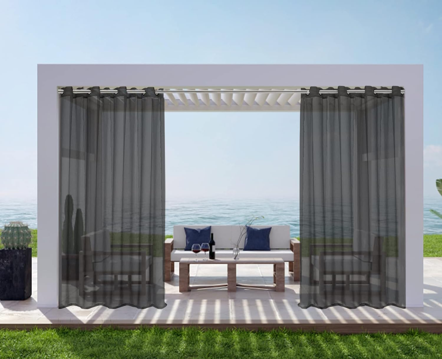 ABCCANOPY Outdoor Patio Sheer Curtains, Breathable Voile Drapes with Grommets for Gazebo, Porch, Pergola, Cabana, Black, 1 Piece, W54 X L84 Inch image number 2