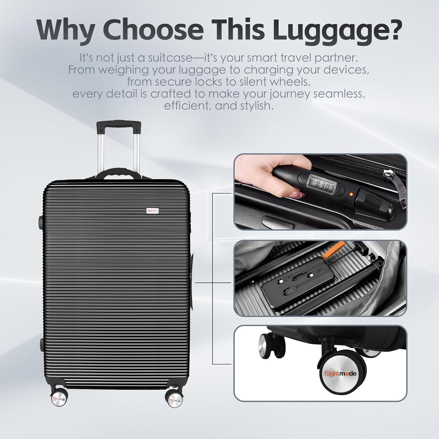 Lightweight Luggage Suitcase with Digital Weighing Scale & USB Charging Port - Tsa-Approved Travel Bag with Silent Wheels & Durable Iron Tie Rod Black (3 Size Set) - Silver image number 3