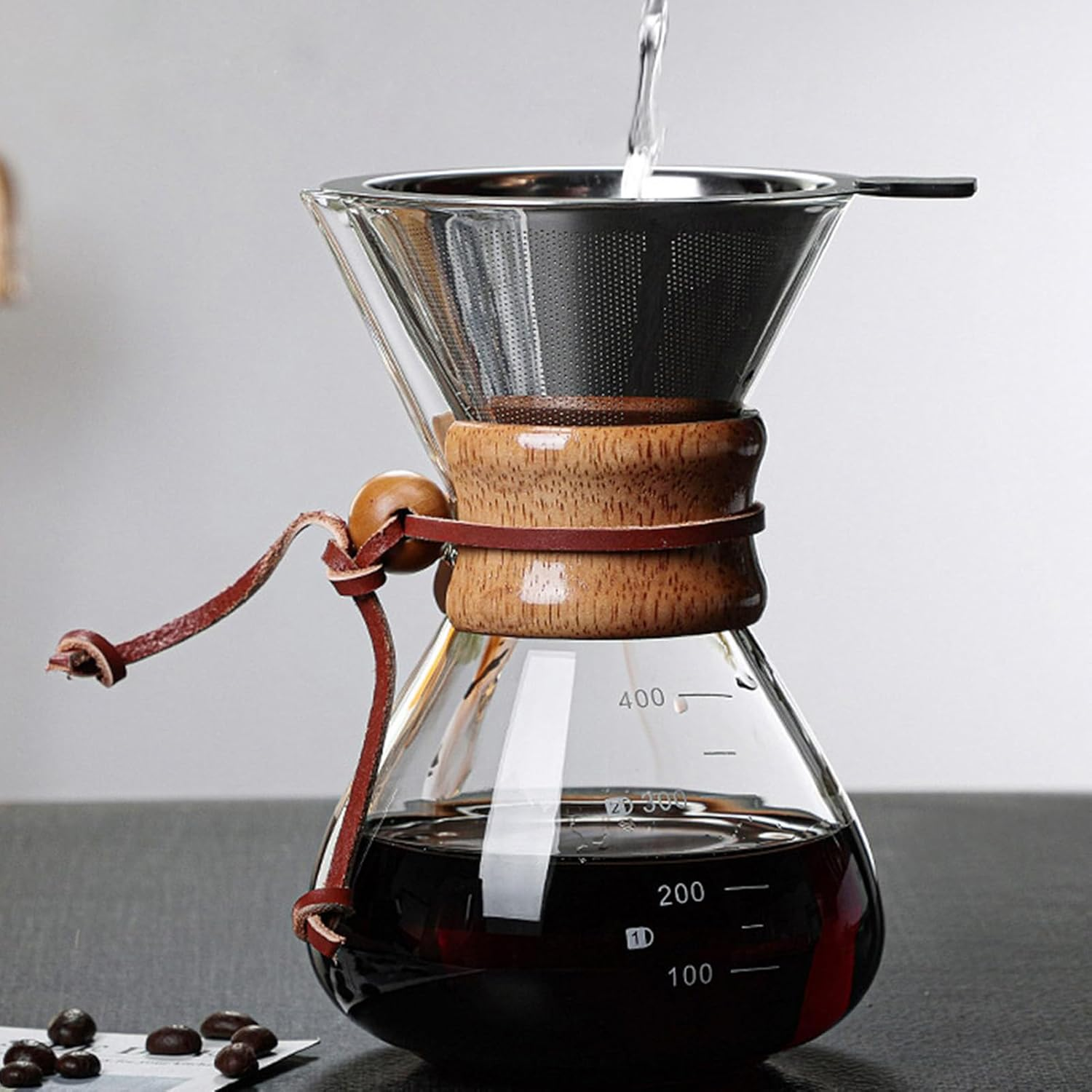 Coffee Brewer,Pour over Coffee Maker 400Ml Double Filter Wooden Sleeve Coffee Brewer Filter Suitable for Home Cafe Parties