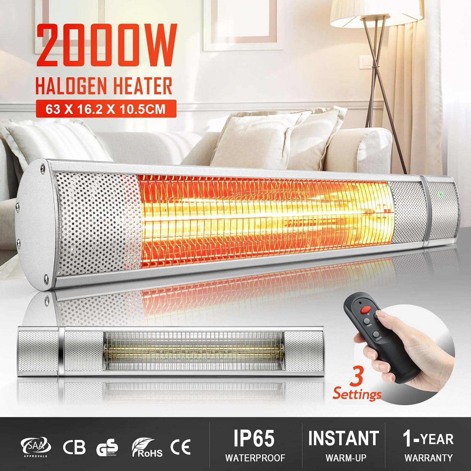 Maxkon 2000W Electric Halogen Heater Outdoor Indoor Infrared Space Patio Room Bar Warmer Instant Heat Strip Wall Ceiling Waterproof image number 2