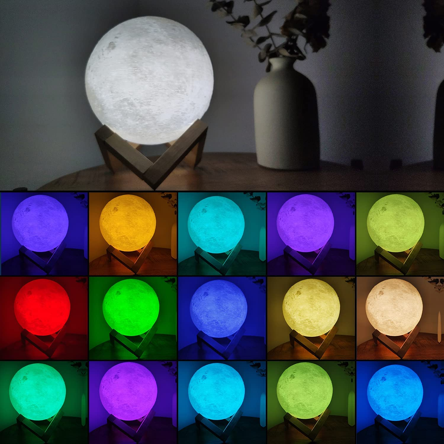 Moon Lamp, Coopark 3D Printing Night Light 16 Colors LED Lighting with 4 Modes USB Charging & Wooden Stand, Remote & Touch Control(15Cm/5.9Inch) Warm Theme Bedroom Decor Cool Creative for Boys Girls image number 4