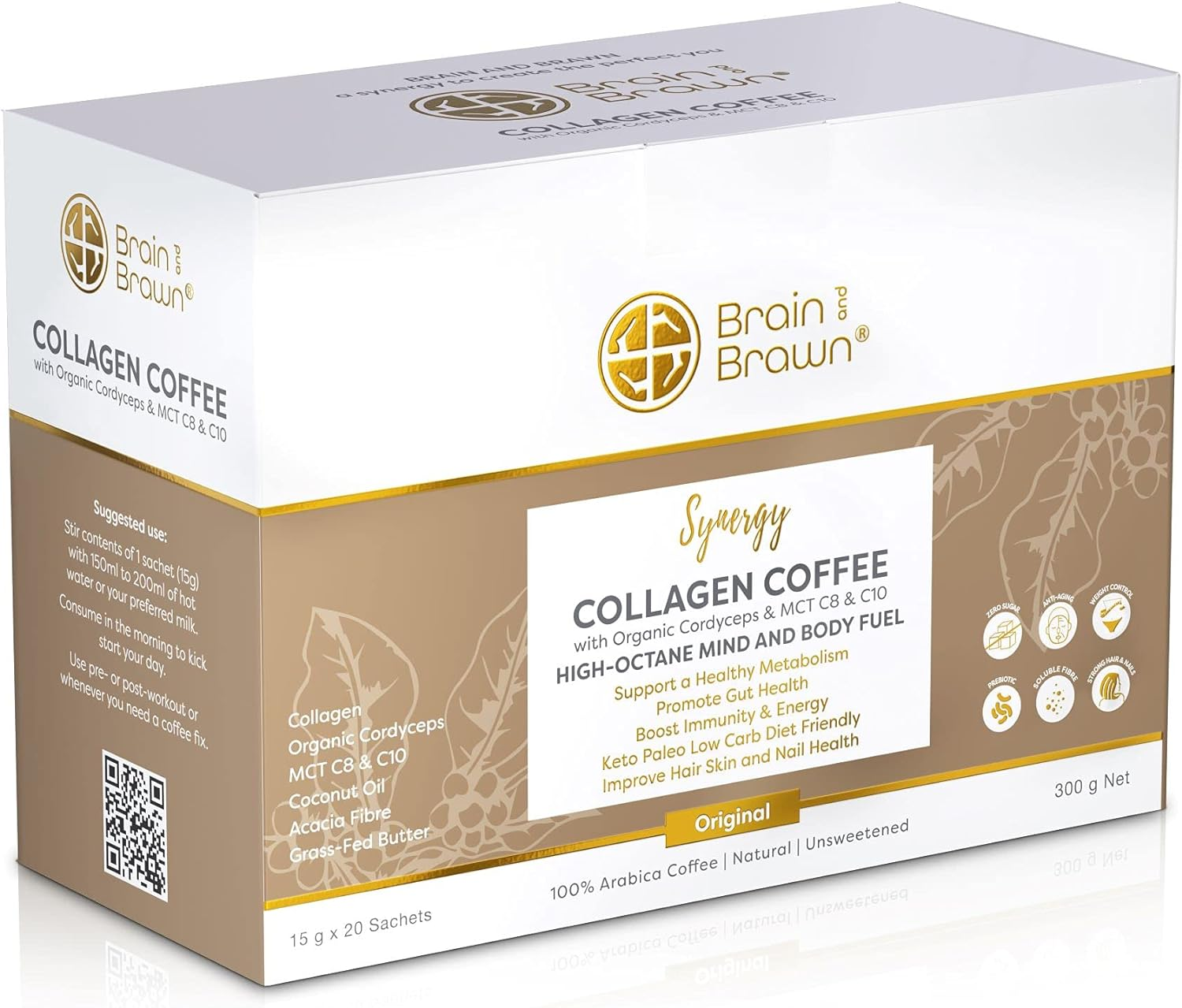 Brain and Brawn Synergy Collagen Coffee (20 X 15G Sachet) with Organic Cordyceps and Collagen Peptides for Skin, Hair and Nail Health, MCT Oil, Organic Cordyceps and Acacia Fibre, 100% Arabica Coffee, Unsweetened, All-In-One Beauty Coffee 300G (20 Serves)