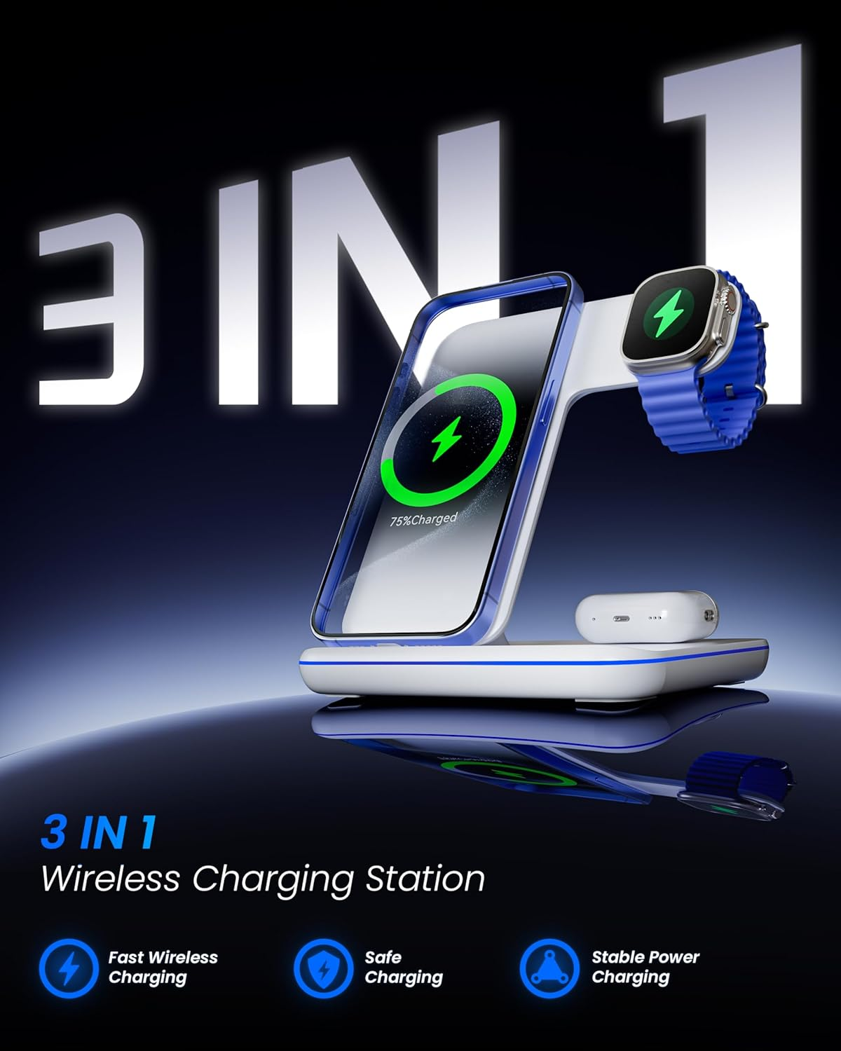 3-In-1 Wireless Charger for Apple, 15W Fast Wireless Charging Station, 3 In1 Wireless Charger Dock Compatible with Iphone 16/15/14, Airpods, Apple Watch, Iwatch 10/9/8 image number 2