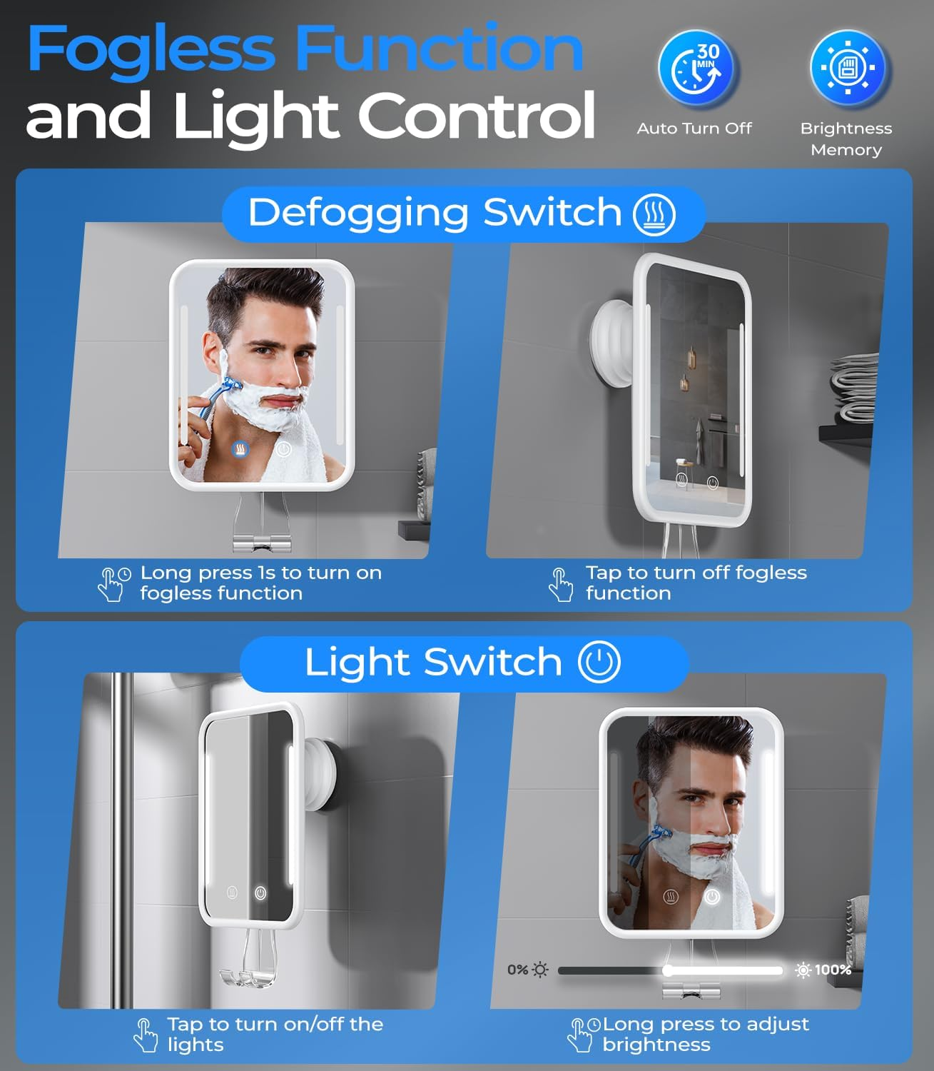 Gospire Fogless Heated Shower Mirror for Shaving, 5000 Mah Rechargeable Illuminated Shower Razor Mirror with Razor Holder, Removable & No Drilling, Bathroom Mirror with Suction Cup (White) - White image number 3