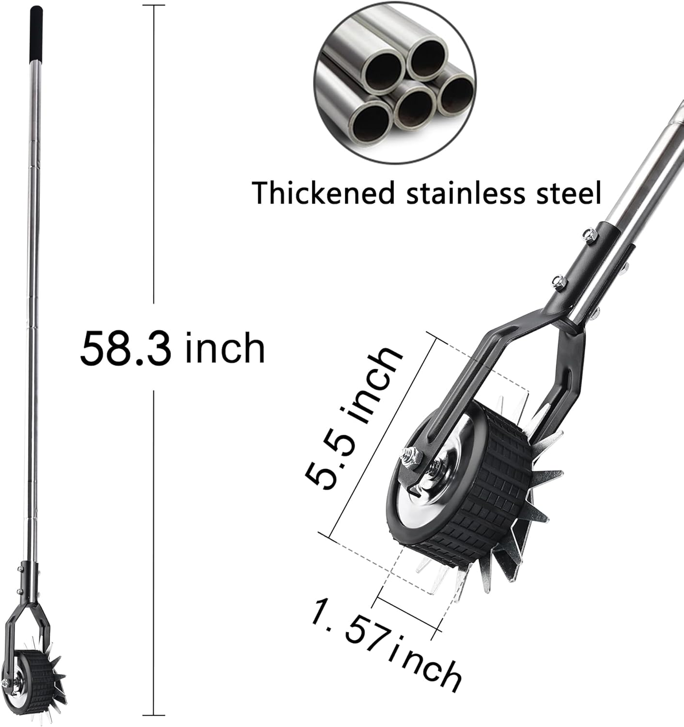 Wheel Rotary Edger, Rotary Shear, Sidewalk Manual Lawn Edger, Strong 3 Sections Stainless Steel Handle with Cushion Grip, 58.3-Inch image number 3
