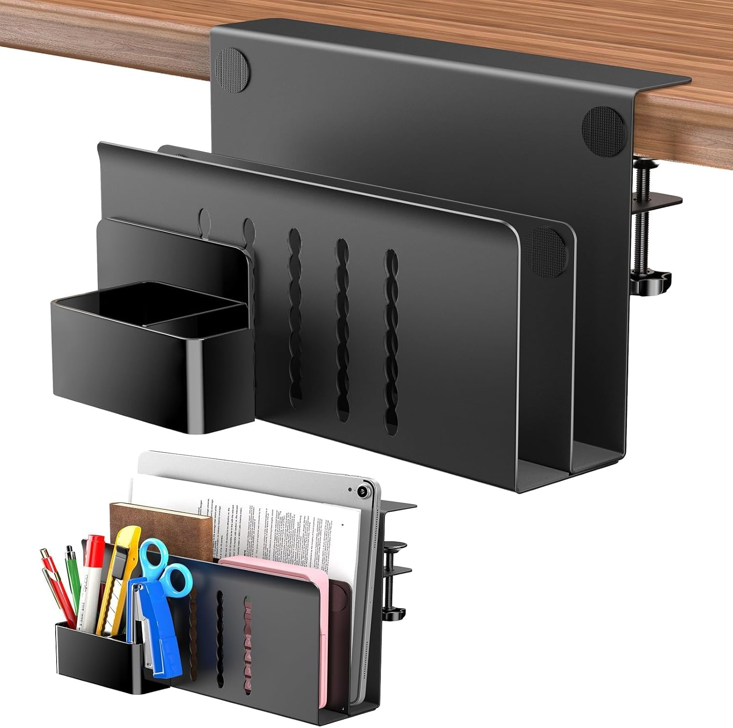 Desk Side Storage, 2 Tier Steel Hanging Desk Organizer with Magnetic Pen Holder, No Drilling Standing Desk Drawer Cable Management Tray, under Desk Laptop Holder for Office, School, Home (Black) image number 3