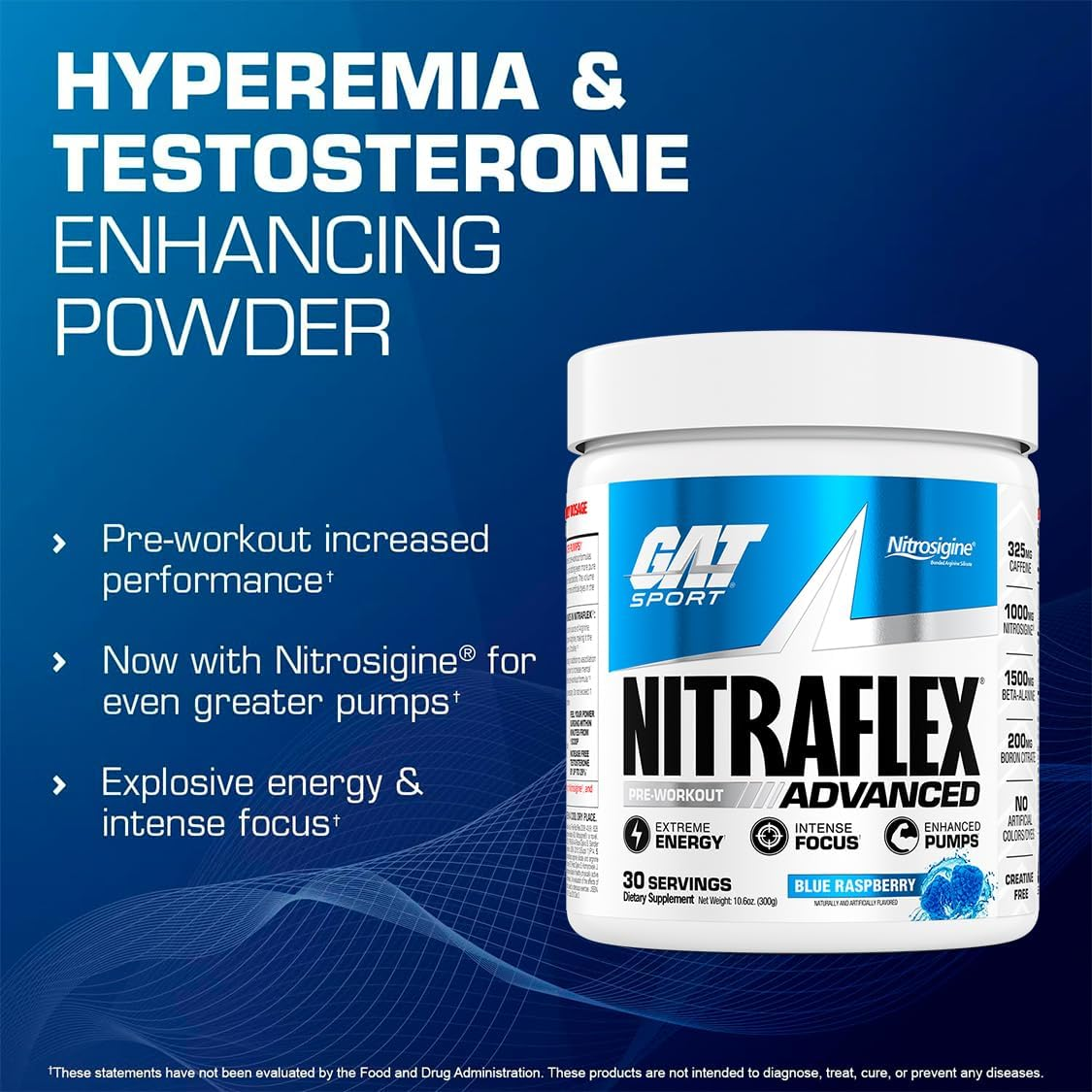 GAT Clinically Tested Nitraflex, Testosterone Enhancing Pre Workout, Blue Raspberry,300 Gram image number 4