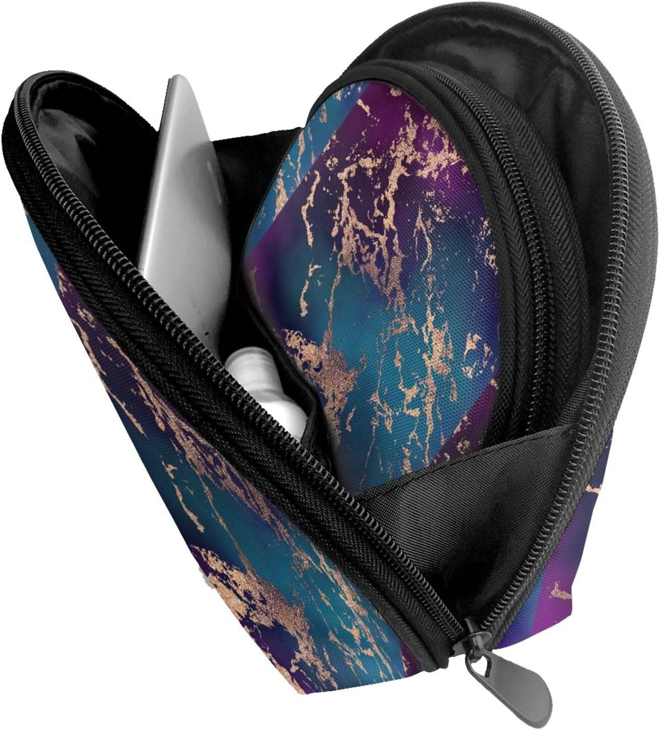 Cozimangoe Coin Pouch Makeup Bags Set, 2 Piece Shell Shape Cosmetic Bag with Pockets for Daily Travel Handbag Lipstick Keys Toiletry, Personalized Marble Luxe Decor Dark Purple and Teal with Gold image number 2