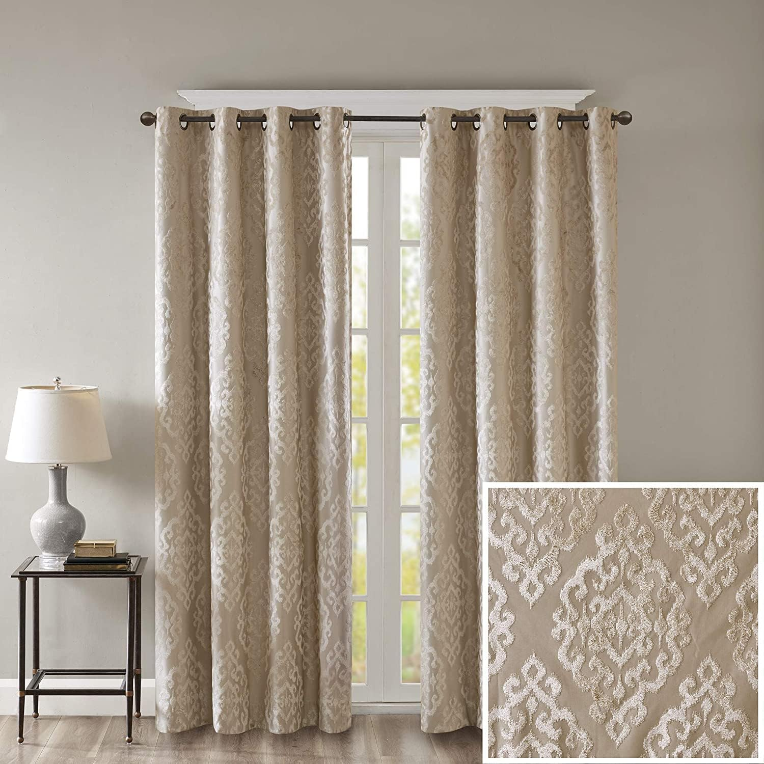 Sun Smart Mirage 100% Total Blackout Window, Knitted Jacquard Damask Room Darkening Curtains Panel with Grommet Top, 50X84, Navy