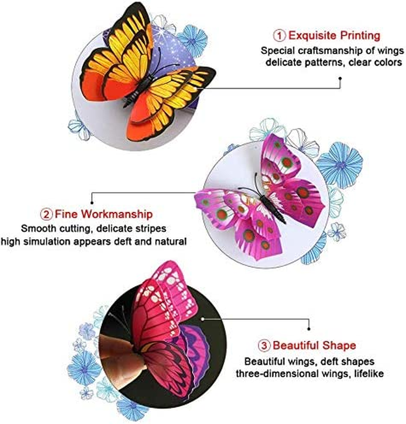 24 Pack 3D Nursery Wall Stickers【Double Wings】 T Tersely Butterfly Wall Removable Sticker Decals, Home Decoration Wall Stickers for Home Decor Art Kids Room Bedroom (Purple+Pink) image number 3