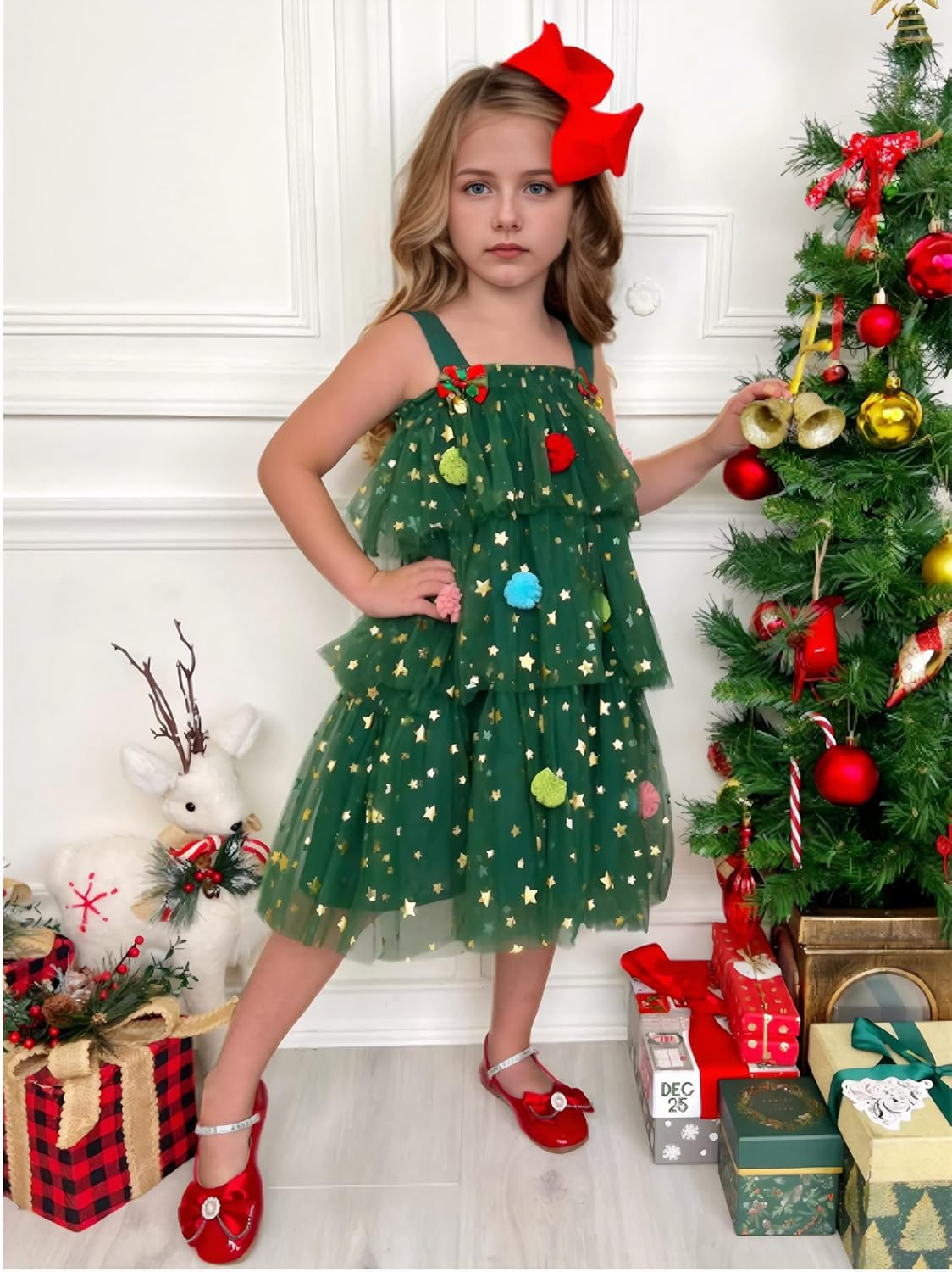 Noubeau Toddler Baby Girl Christmas Dress Star Sequin Layered Green Tutu Dresses Pompom Cake Smash Xmas Clothes image number 3