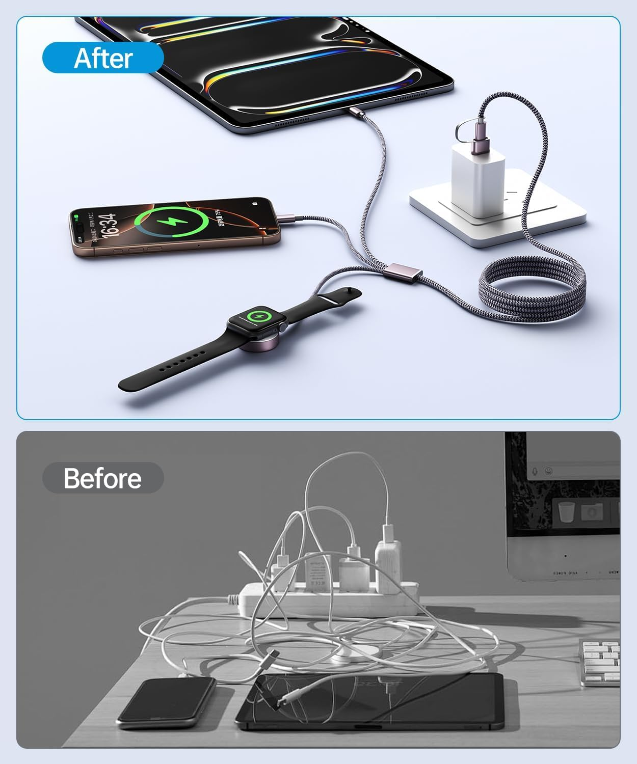 Mchifrys 3-In-2 Charger Cable for Apple Watch & Iphone, USB-C Multi Charging Cord, Compatible with Iphone 17&ndash;12, Iwatch Ultra/Se/10&ndash;1, Lightning/Type-C, 1.25M Travel Cable image number 1