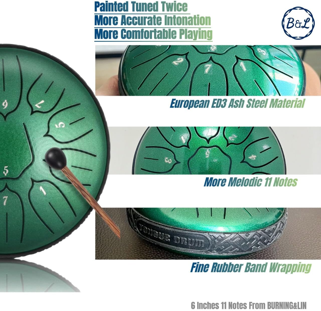 BURNING&LIN Steel Tongue Drum 11 Notes 6 Inches Handpan Drum Percussion for Meditation Yoga Musical Education for Adult& Kids（Green） image number 2