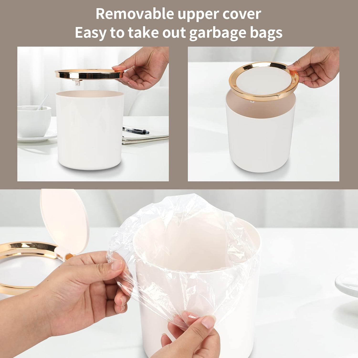 Small Trash Can Wastebasket with Lid round 2.6L Mini Desk Top Bin for Vanity Bathroom Bedroom Kitchen Office,Abs