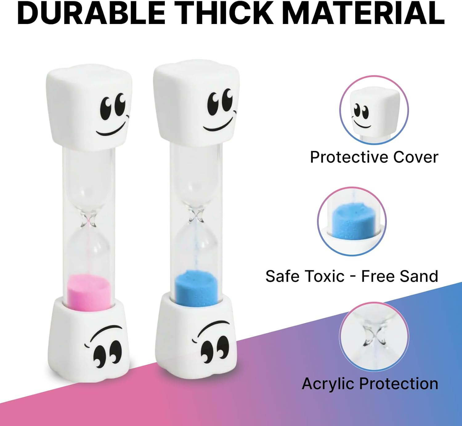 Pack of 2 Colorful 2 Minute Toothbrush Sand Timer Set for Kids, Blue and Pink Smiling Face Hourglass Timers for Dental Hygiene and Time Management, Promotes Dental Hygiene and Time Management image number 1