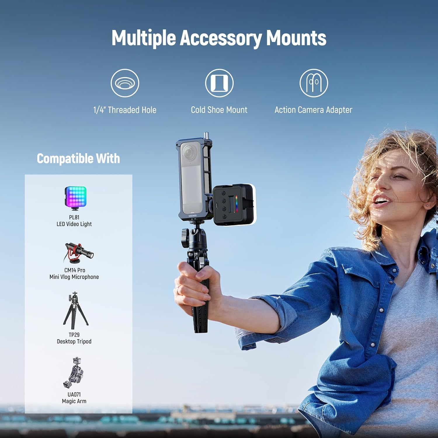 NEEWER X4 Action Camera Cage， Protective Case with Folding Fingers Compatible with Insta360 X4， Video Recording Rig Aluminum Alloy Frame with Lens Protector Cap， No Assembly Required， AC010 image number 2