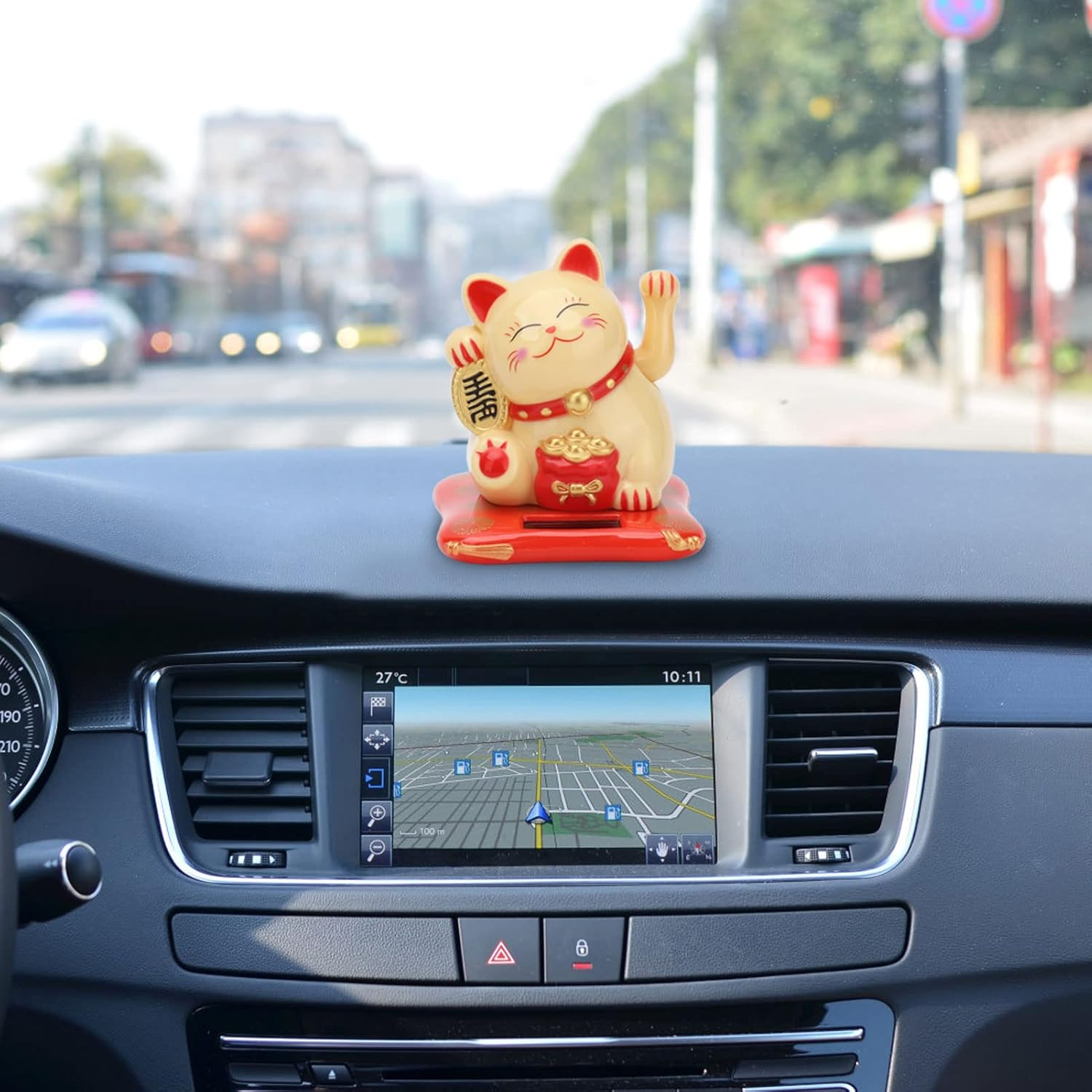 Solar Powered Lucky Cat, Lucky Cat Ornament, Fortune Cat Happy Cat Waving Arm White Wealth Welcoming Cat Solar Powered Cute Lucky Cat with Waving Arm for Home Office Car(Golden) image number 3