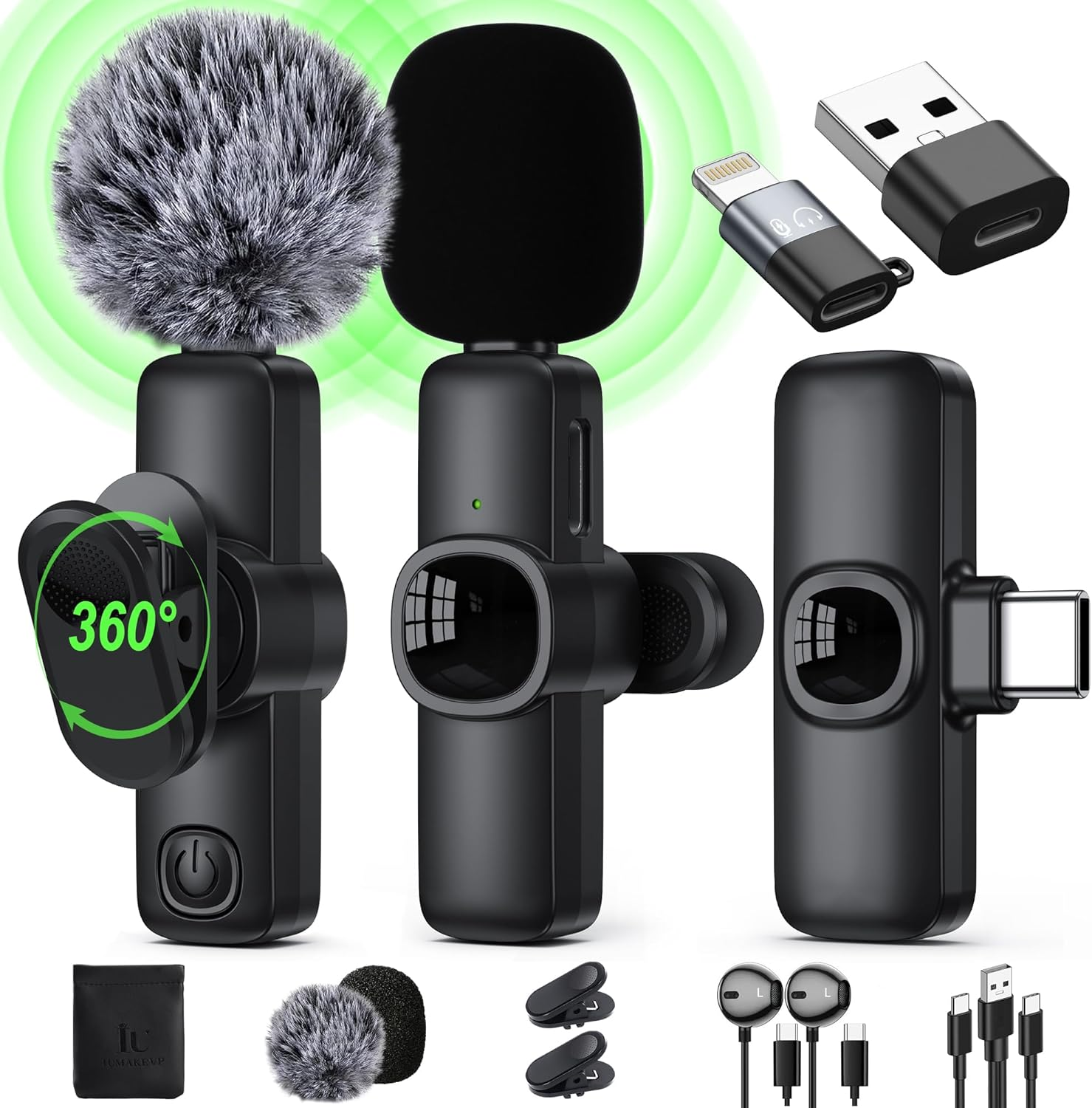 Wireless Lavalier Microphone for Iphone/Android Phone/Laptop/Pc, IUMAKEVP 360&deg; Adjustable Clip on Microphone with 100FT Transmission Distance and Noise Cancellation for Vlog, Interview, Tiktok (2 Mic)