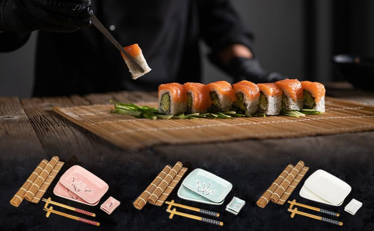 Exzact Sushi Plate Set 10Pcs - 2 X Sushi Plates, 2 X Dip Bowls, 2 X Placemats, 2 X Chopsticks Rests, 2 Pairs of Chopsticks - Highquality Porcelain - Gift Box - Pink image number 5