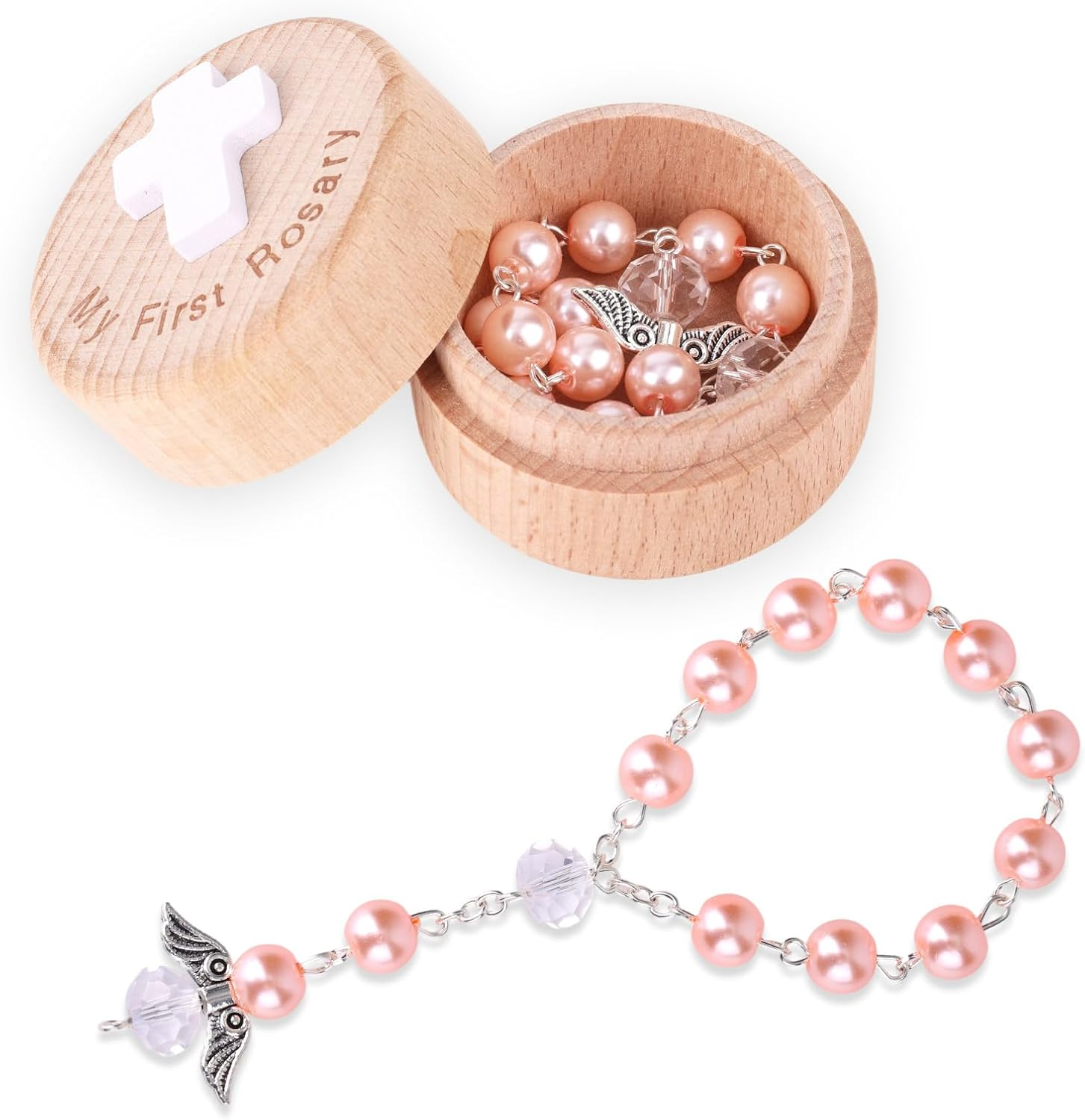 My First Rosary Baptism Gifts, Baptism Memorial Box & Rosary Bracelet with Angel Wings Catholic First Communion Christening Beads Gifting Set for Baby Shower