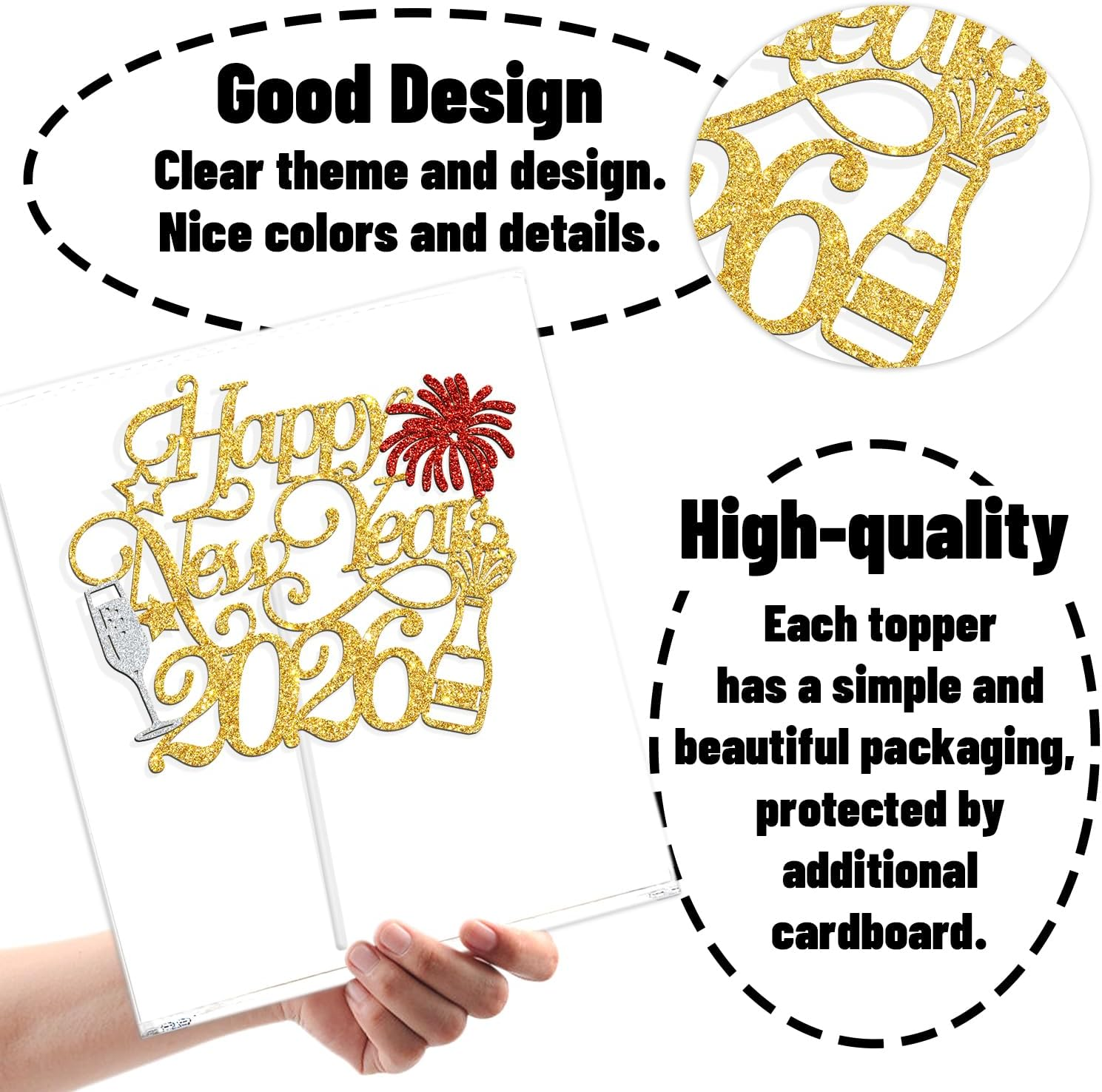 Happy New Year 2025 Cake Topper,Welcome 2025/Cheers to 2025, Happy New Year Night Holiday Party Decorations Supplies, Red and Gold Glitter image number 1