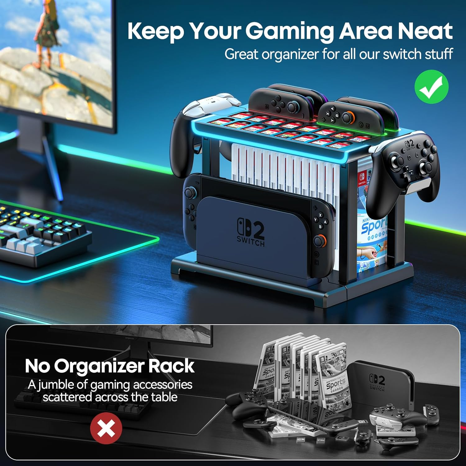 Switch 2 Organizer Station with Switch 2 Joycon Charger, 4 Charging Dock for Joycon 2, Storage Stand for 16 Switch Game Cards & 16 Game Cases, Pro Controllers & NS 2 TV Dock Organiser Accessories image number 4