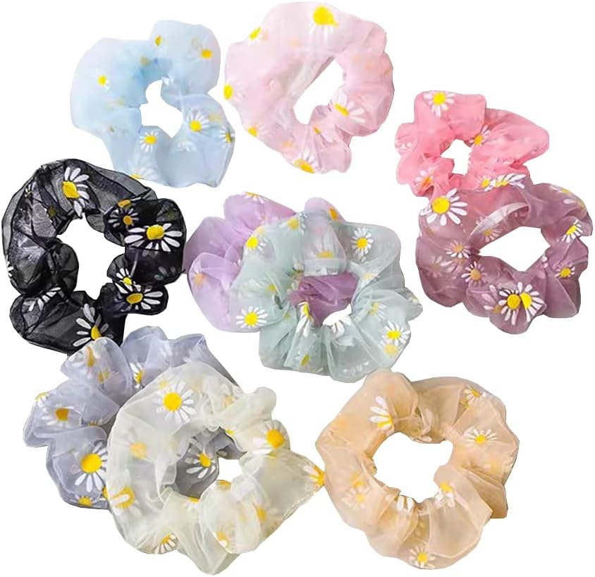 JIHUOO Pack of 8 Daisy Organza Hair Bobbles Flower Hair Scrunchies Elastic Hair Bobbles Hair Bands Hair Accessories for Girls Women image number 2
