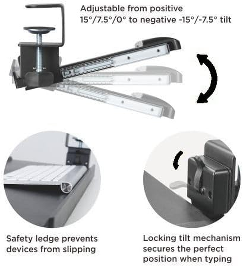 Officeozone Keyboard Tray, Clamp-On, 68Cm (26.8"), Tool-Free Tilt, ABS & Steel, Black image number 3
