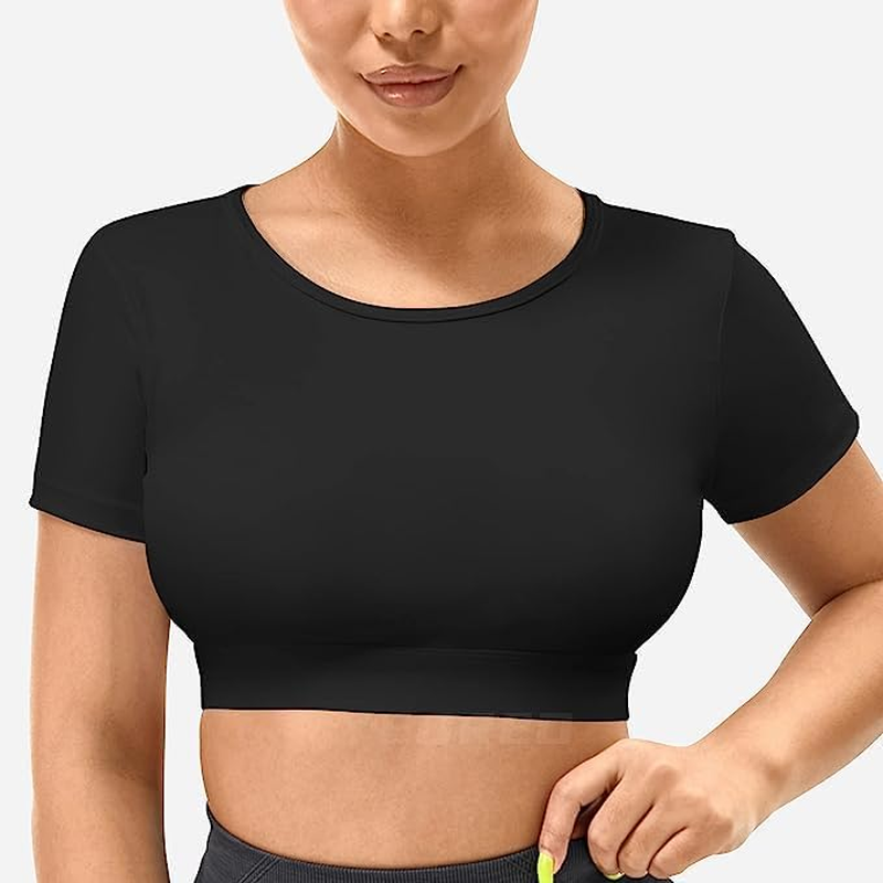 Women Open Back Tee Crop Tops with Removable Pad Workout Backless Gym Shirt Bra Going Out T Shirt Top image number 5