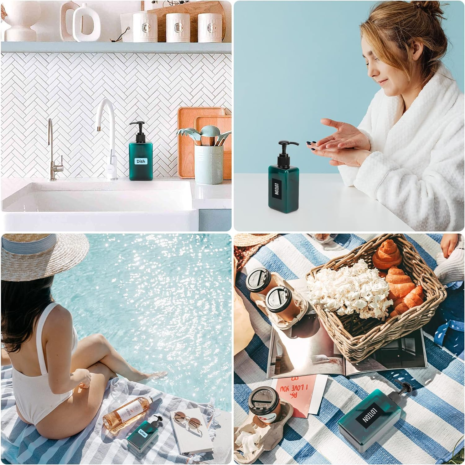 Segbeauty Plastic Pump Bottles, 280Ml 4Pcs Empty Lotion Bottles with Pump, Shampoo Dispenser Set with Labels, Countertop Plastic Soap Dispenser for Bathroom Kitchen Sink, Peacock Blue image number 2