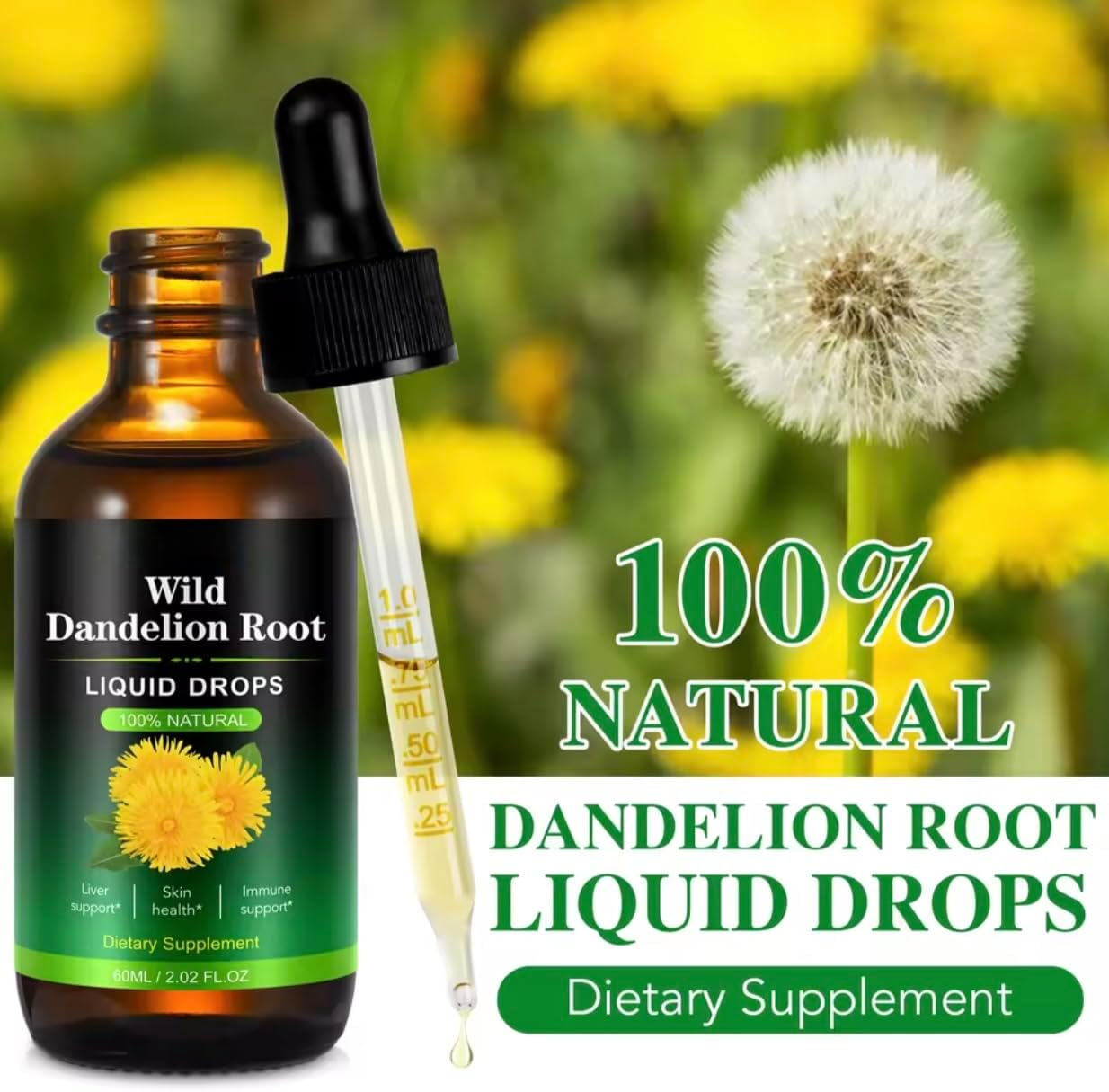 Wild Dandelion Root Liquid Drops &ndash; 100% Natural Herbal Extract &ndash; 60Ml (2 Fl. Oz) &ndash; Dandelion Root Concentrate &ndash; Dietary Supplement image number 1