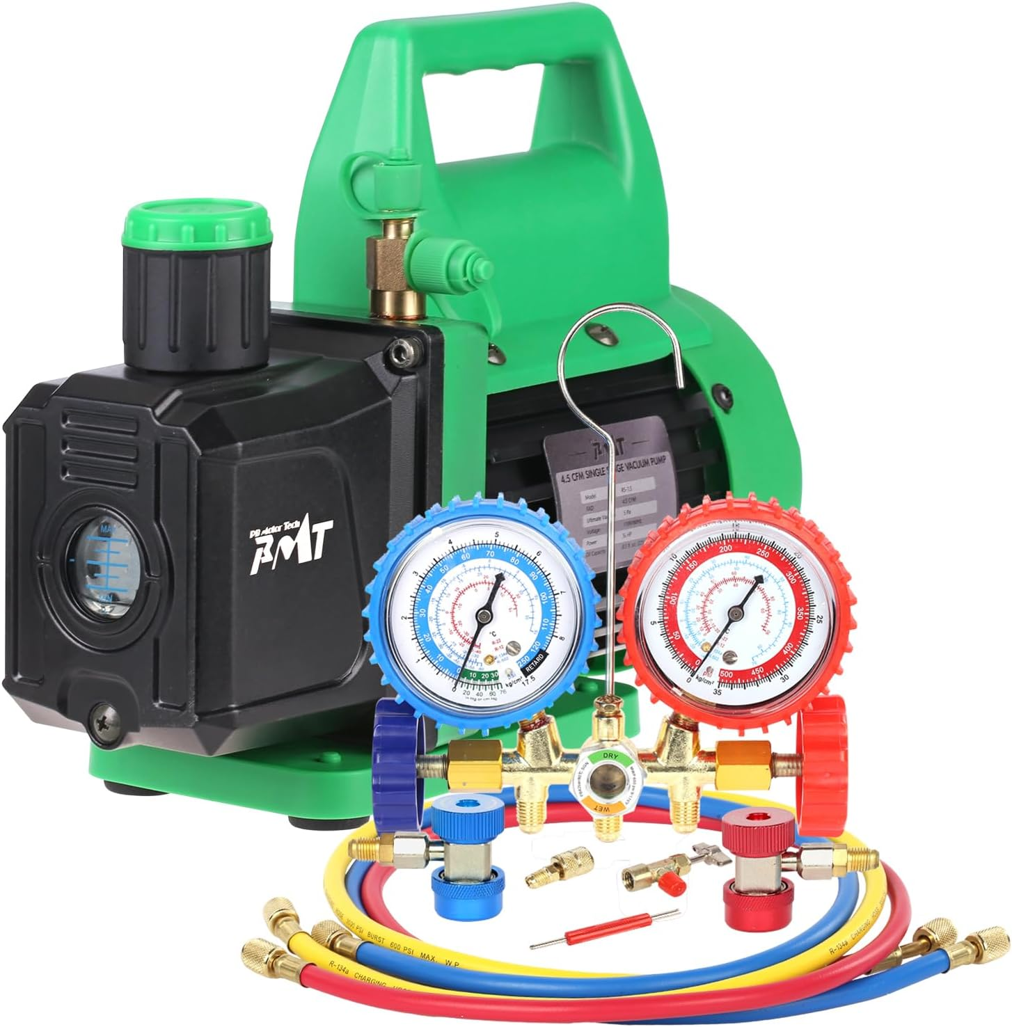 PB Motor Tech 4.5 CFM Vacuum Pump Set with Brass Manifold Gauge, Quick Couplers, 410 Adapter, Can Tap & Valve Core Tool, for R134A, R12, R22, R502 Refrigerants. for A/C Maintenance in Vehicles & Homes image number 2