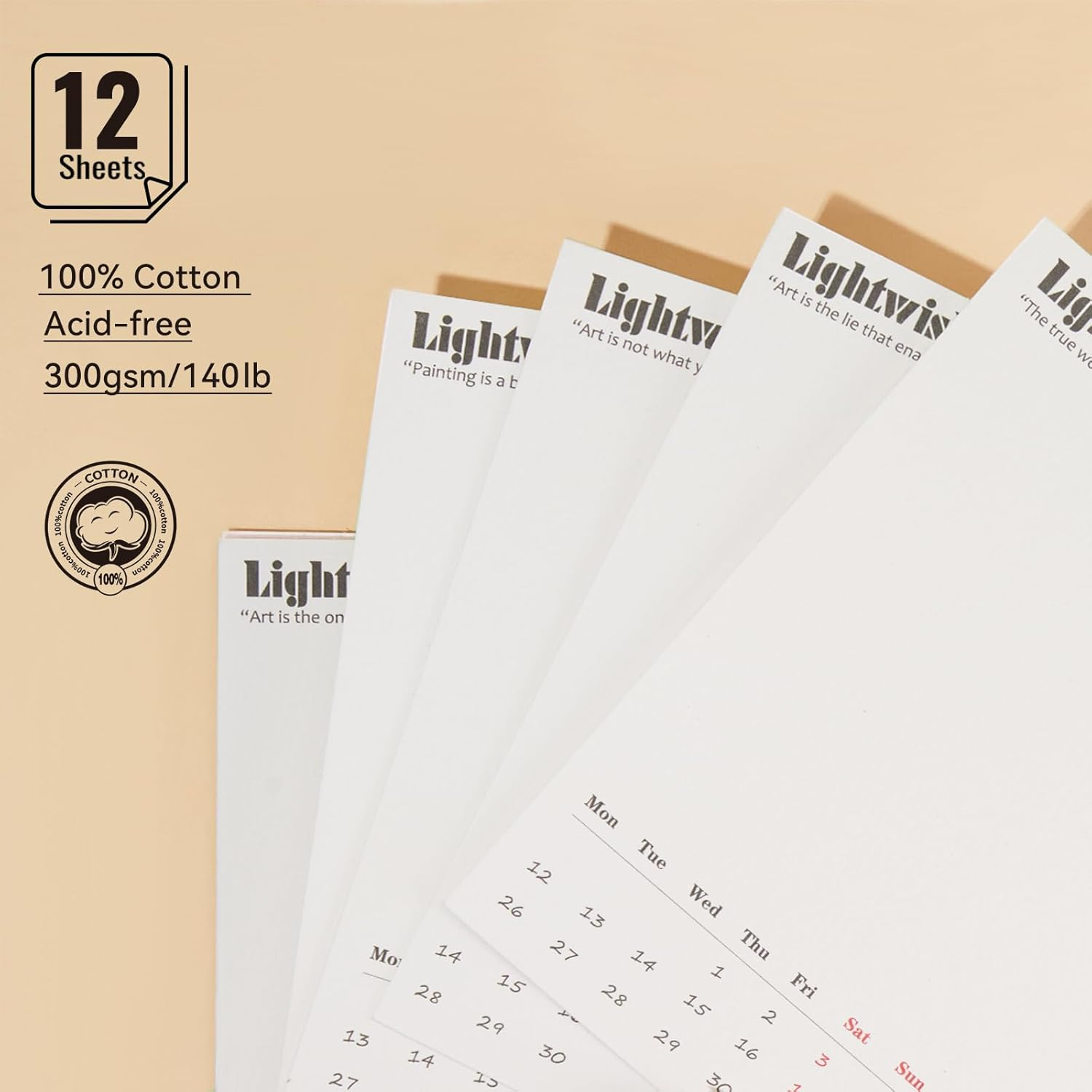 Lightwish Watercolor Calendar Paper for 2026, 100% Cotton, 12 Sheets, 140Lb/300Gsm, Acid-Free Hot Pressed Watercolor Paper, Art Supplies for Watercolor Crafts and DIY Media image number 2