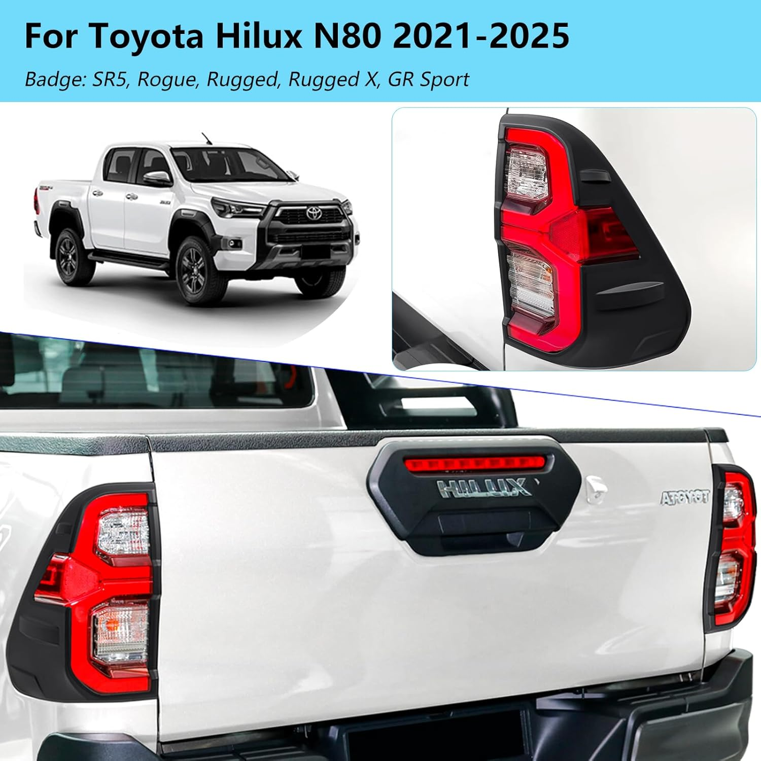 SUERAUTO4X4 Tail Light Cover Trim for Toyota Hilux Accessories 2021-2025 N80 Facelift SR5 Rogue Rugged GR Sport, Rear Taillight Lamp Cover Protector Surround Trim Matte Black Car Exterior 2PCS image number 2