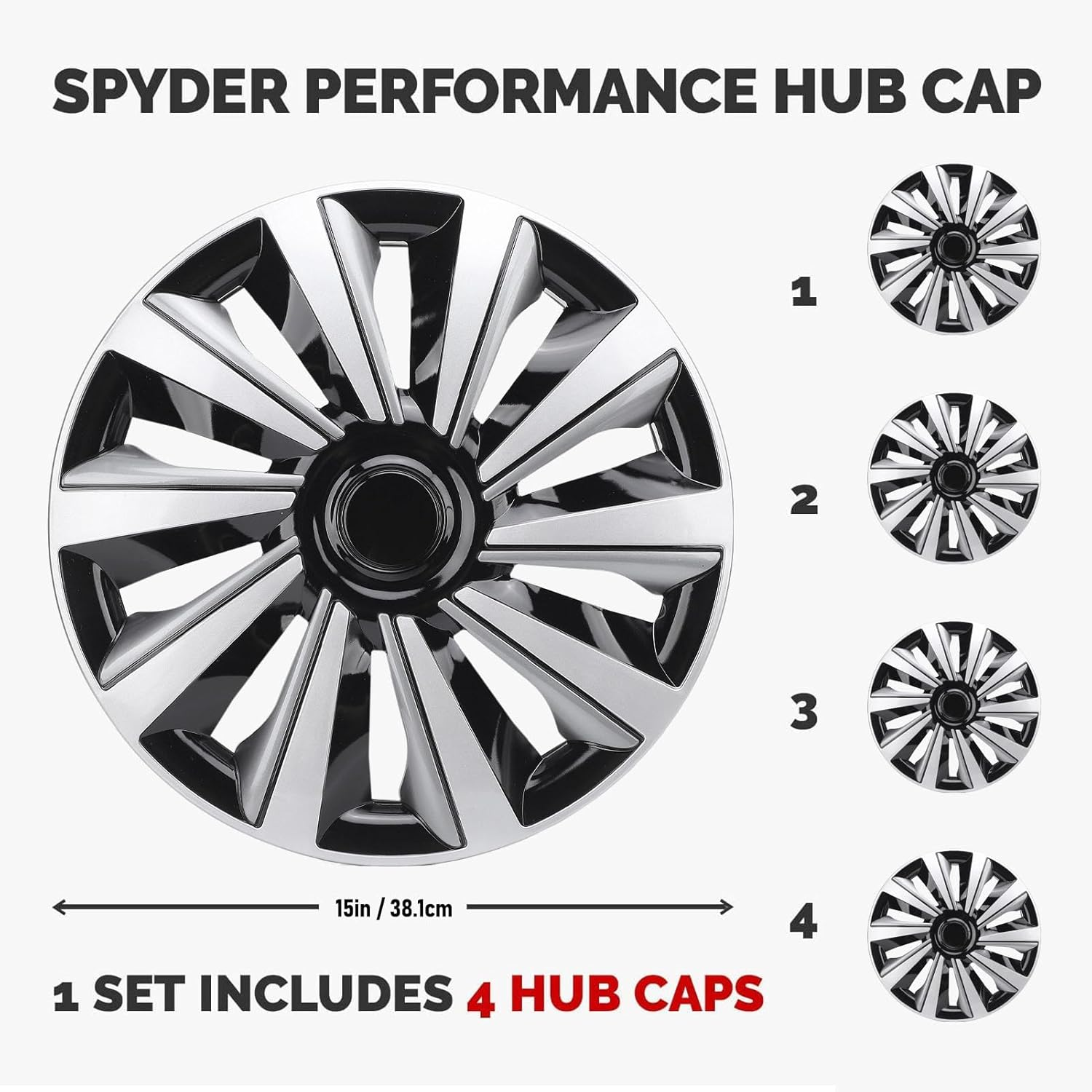 Hubcaps, Set of 4, 15In Hubcap Wheel Cover Wheel Rim Cover Replacement for Seat for Clio for 208 for 500 for V40, Snap On, Scratch Proof, Easy to Install, Automotive Hub Cap
