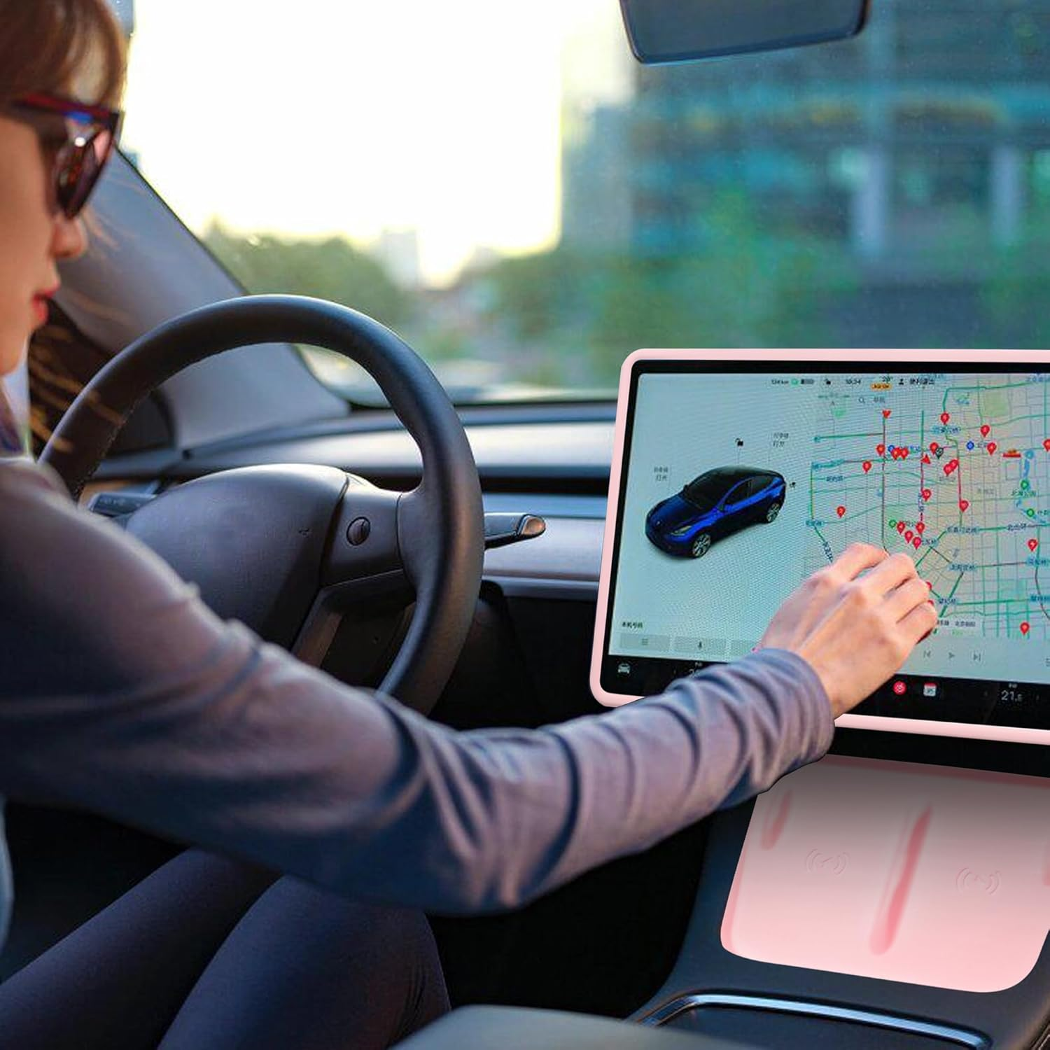 TOPABYTE 3PCS Center Console Accessories for Tesla Model Y 2021-2024 and Model 3 2021-2023 Cup Holder Insert, Screen Edge Protector Frame, Silicone Wireless Charger Mat, Pink image number 6